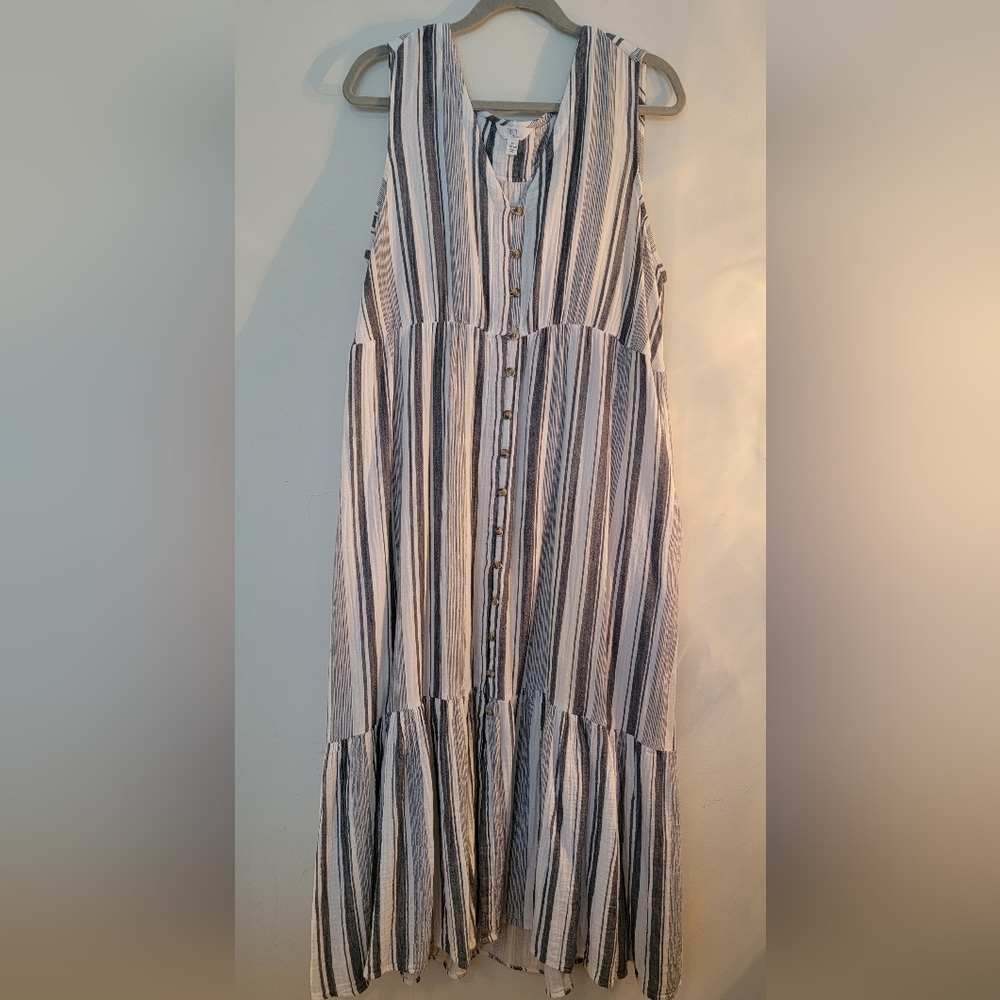 Blue and White Stripe Long Sleeveless Dress, Size XL (16-18)